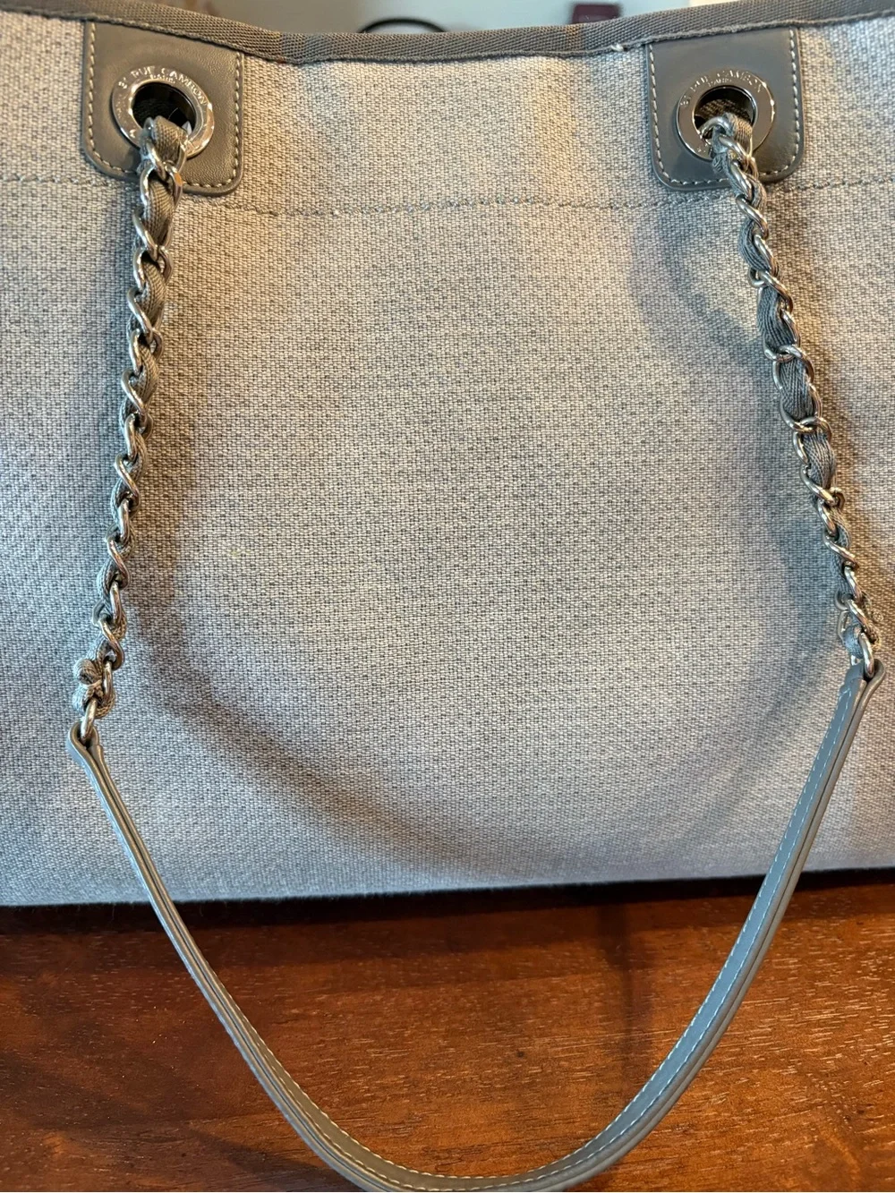 CHANEL Gray Canvas Tote with White Logo and Chain Handles